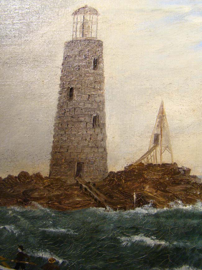 A 19th century oil on canvas depicting a sloop in rough water near a rocky shoreline with a lighthouse and other ships in the background. — image 3